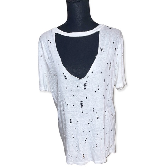 White distressed plunge neckline tee - Picture 2 of 6
